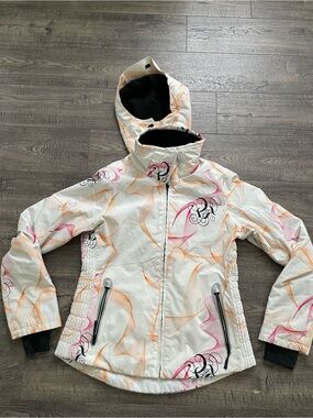 Völkl Women’s Hooded Full Zip Ski Jacket Abstract Pattern Pockets Size 8